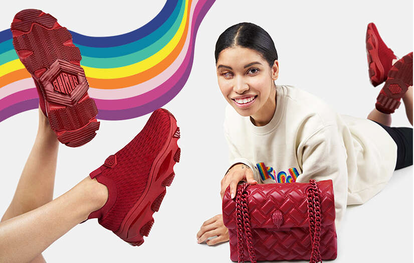 Jessica Modelling red slip on sneakers and red quilted bag